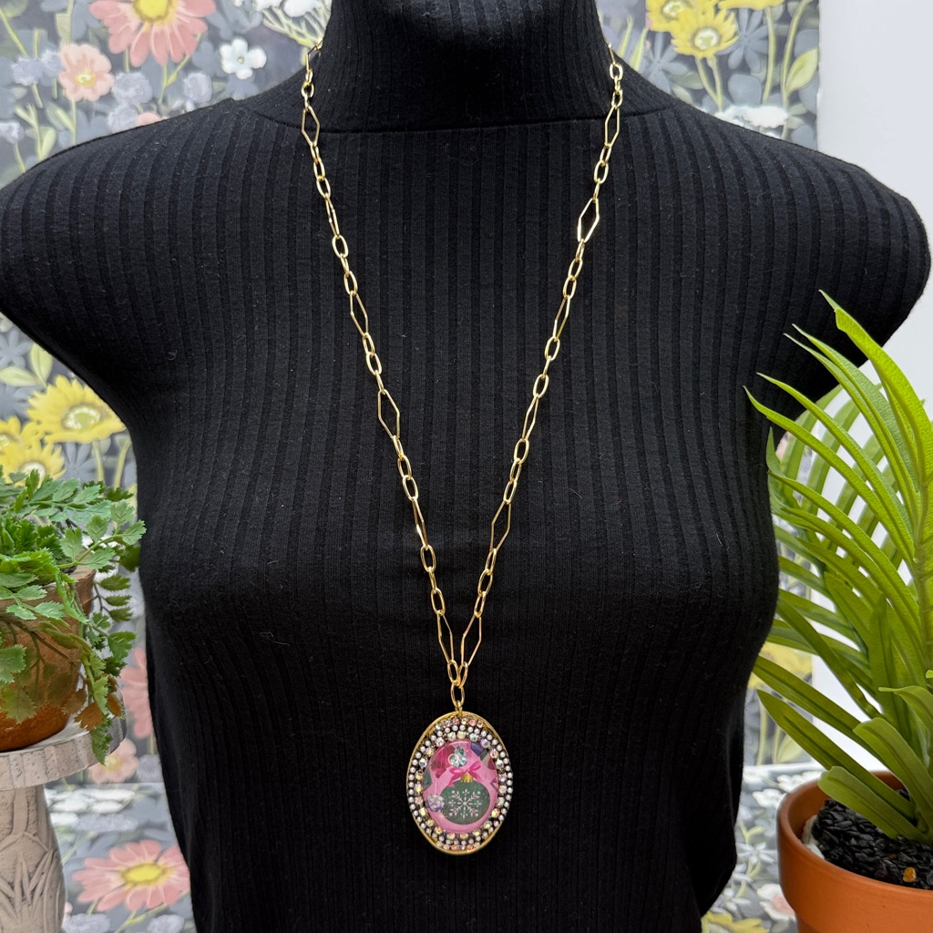 Adorned Crown Jewelry Assemblage Christmas Rhinestone Bezel Ornament Necklace